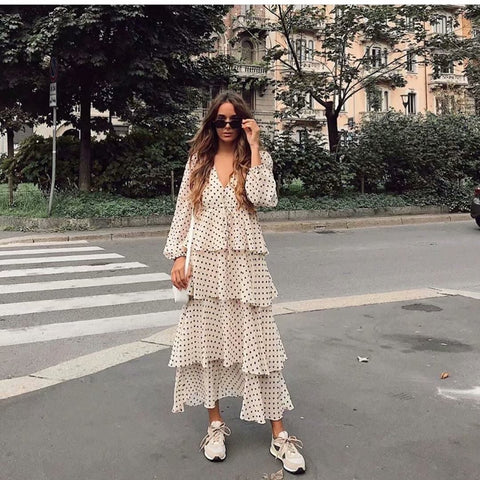 New Womens polka dots Maxi Dress long sleeve V neck cascading ruffles zora vicky Dress drawsring long Winter Dress Vestidos 2019