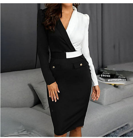 New Women Elegant Long Sleeve Black and white Patchwork Casual Party Work Office Fitted Stretch Slim Pencil Sheath Bodycon Dress