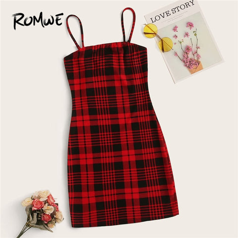 ROMWE Two Tone Tartan Pattern Mini Dress Women Sleeveless Cami Sexy Dress Spring Summer Slim Fit Bodycon Dress Plaid Dresses