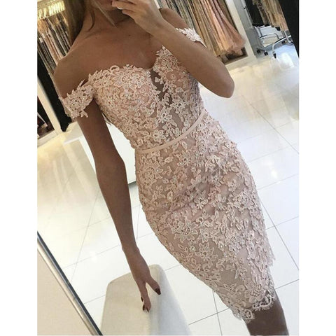 Hot 2019 New Style Women Sexy Off Shoulder Prom Ball Gown Formal Evening Party  Sheath Lace Slash Neck Lace Short Dress
