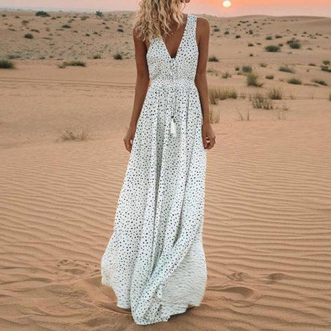 White Polka Dot Maxi Dress Elegant Vintage Fashion Women Sleeveless Lace Up Summer 2019 Sexy Deep V Boho Big Swing Long Dresses