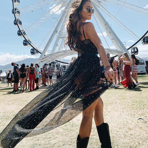 Star Mesh Black Boho Maxi Long Dress Sexy Sheer Beach Party Rave Festival A Line Summer Dresses 2019