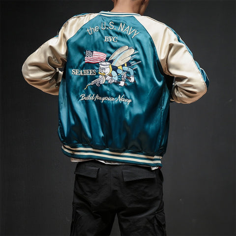 Two Sides Luxury Embroidery Bomber Jacket Smooth Men Sukajan Yokosuka Souvenir Jacket Streetwear Hip Hop Baseball Jacket