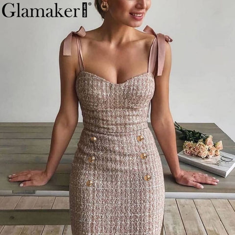 Glamaker Tweed grid elegant office lace up dress Sleeveless buttons pink bodycon summer dress Sexy party mini strapless dress