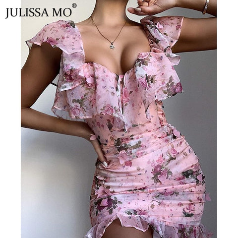 JULISSA MO Sexy Off Shoulder Floral Print Dress Women Ruffles Sleeve Bodycon Short Dress Elegant Female Backless Party Vestidos