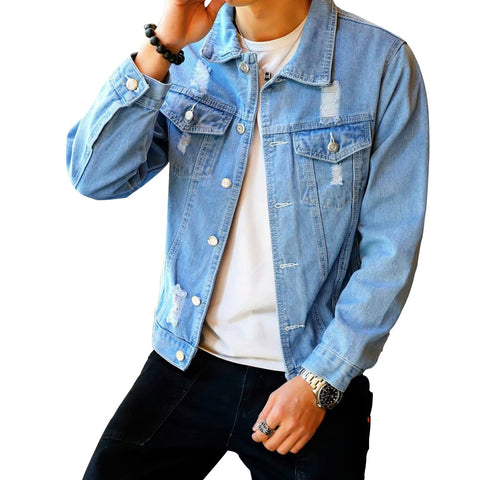 Men's Denim Jacket Hip Hop Retro Denim Jacket Street Casual Pilot Harajuku Fashion Hole Slim Buttoned Sky Blue Men's Jacket