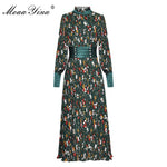 MoaaYina Fashion Designer Runway Dress Spring Autumn Women Lantern sleeve Floral-Print Pleated Elegant Dress