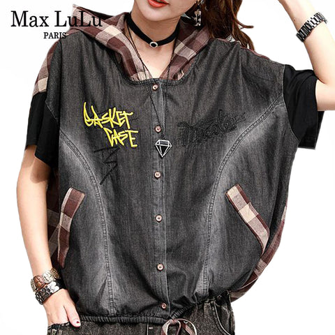 Max LuLu 2020 Summer Korean Fashion Ladies Plaid Jackets Womens Loose Denim Coats Female Hooed Clothing Short Sleeve Streetwear