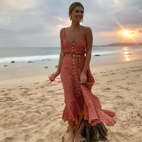 Meihuida 2019 Women's  Boho Maxi Dress Girls Summer Spaghetti Strap Sweet Dot Long Dress Ladies Beach Sundress Vestido De Mujer