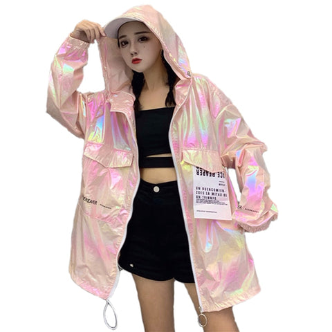 Loose Shiny Jacket Women Casual Neon Jacket Hooded Windbreaker Silver Jacket Summer Thin Jackets Plus Size Long Sleeve Outerwear