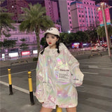 Loose Shiny Jacket Women Casual Neon Jacket Hooded Windbreaker Silver Jacket Summer Thin Jackets Plus Size Long Sleeve Outerwear
