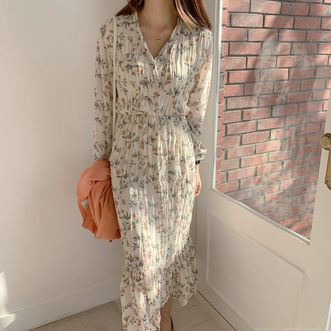 BGTEEVER Elegant Ruched Floral Print Women Summer Dress Sexy V-neck Full Sleeve Female Long Dresses 2019 Summer Chiffon Vestidos