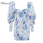 Whatiwear 2019 Summer Mini Dress Print Flower Party Dress Streetwear Women Evening Party Dress Puff Sleeve Vestidos de festa