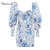 Whatiwear 2019 Summer Mini Dress Print Flower Party Dress Streetwear Women Evening Party Dress Puff Sleeve Vestidos de festa