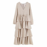 New Womens polka dots Maxi Dress long sleeve V neck cascading ruffles zora vicky Dress drawsring long Winter Dress Vestidos 2019