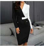 New Women Elegant Long Sleeve Black and white Patchwork Casual Party Work Office Fitted Stretch Slim Pencil Sheath Bodycon Dress