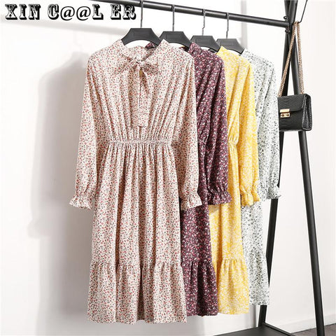 Beautiful Fashion Spring Autumn Women Long Sleeve Dress Retro Collar Casual Slim Dresses Floral Printing Chiffon Sexy