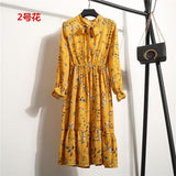 Beautiful Fashion Spring Autumn Women Long Sleeve Dress Retro Collar Casual Slim Dresses Floral Printing Chiffon Sexy