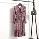 Beautiful Fashion Spring Autumn Women Long Sleeve Dress Retro Collar Casual Slim Dresses Floral Printing Chiffon Sexy