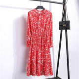 Beautiful Fashion Spring Autumn Women Long Sleeve Dress Retro Collar Casual Slim Dresses Floral Printing Chiffon Sexy