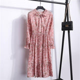 Beautiful Fashion Spring Autumn Women Long Sleeve Dress Retro Collar Casual Slim Dresses Floral Printing Chiffon Sexy