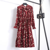 Beautiful Fashion Spring Autumn Women Long Sleeve Dress Retro Collar Casual Slim Dresses Floral Printing Chiffon Sexy