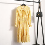 Beautiful Fashion Spring Autumn Women Long Sleeve Dress Retro Collar Casual Slim Dresses Floral Printing Chiffon Sexy