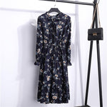 Beautiful Fashion Spring Autumn Women Long Sleeve Dress Retro Collar Casual Slim Dresses Floral Printing Chiffon Sexy