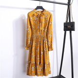 Beautiful Fashion Spring Autumn Women Long Sleeve Dress Retro Collar Casual Slim Dresses Floral Printing Chiffon Sexy