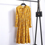 Beautiful Fashion Spring Autumn Women Long Sleeve Dress Retro Collar Casual Slim Dresses Floral Printing Chiffon Sexy