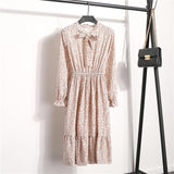 Beautiful Fashion Spring Autumn Women Long Sleeve Dress Retro Collar Casual Slim Dresses Floral Printing Chiffon Sexy