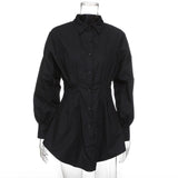 Meihuida Summer Autumn Women Long Sleeve Mini Shirt Dress Button V Neck Three Quarter Sleeve Waist Collection Blouses Dress