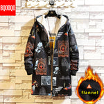 Fleece Jacket Winter Parkas Men 5XL Print Military Japanese Hooded Long Trench Coat Black Hip Hop Streetwear Thick Men's Jackets