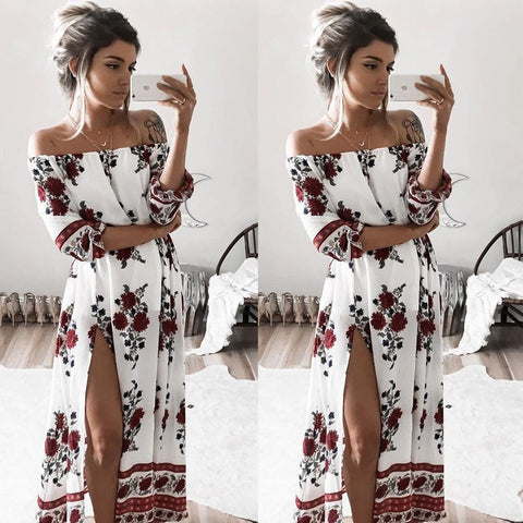 Women Sexy Off Shoulder Half Sleeve Floral Print Maxi Boho Long Dress Beach Cocktail Party Dress Womens Slash Neck Long Dresses