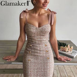 Glamaker Tweed grid elegant office lace up dress Sleeveless buttons pink bodycon summer dress Sexy party mini strapless dress