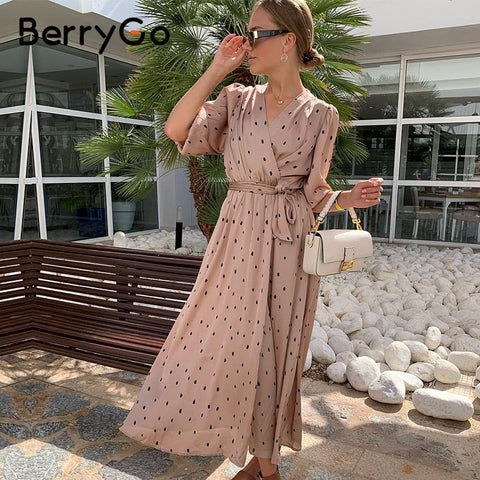 BerryGo Polka dot elegant women dress Puff sleeve vintage long party dress V neck sash streetwear wrap dress vestido work wear