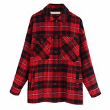 Plaid Overshirt Wool Blend Jacket Check Lapel Collar Long Sleeve Coat Women Oversized Pockets With Flaps Button Jackets Tops