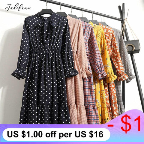 Women Casual Autumn Dress Lady Korean Style Vintage Floral Printed Chiffon Shirt Dress Winter Long Sleeve Bow Midi Dress Vestido