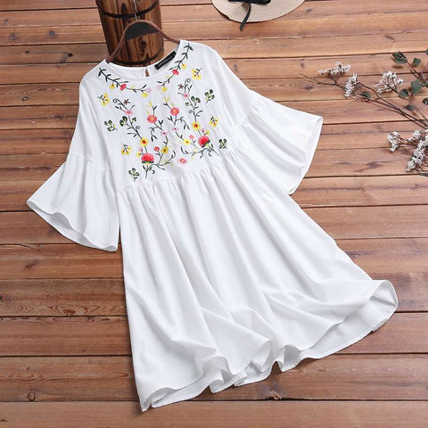 2020 Bohemian Floral Embroidery Sundress Summer Flare Sleeve Beach Dress ZANZEA Women Vintage Party Vestido Kafan Dresses 5XL